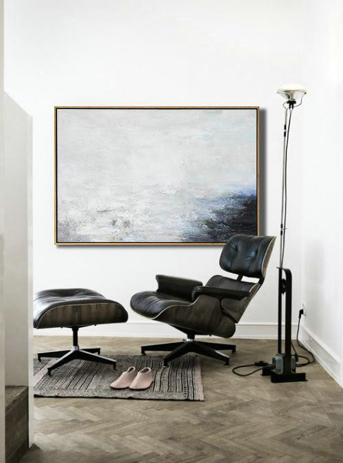 Large Contemporary Art Acrylic Painting,Hand Painted Oversized Horizontal Abstract Landscape Art On Canvas,Size Extra Large Abstract Art,White,Grey,Black.etc